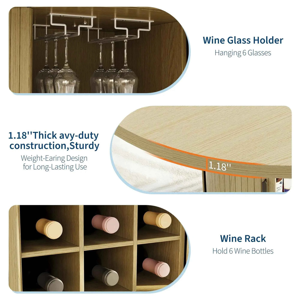 47 Inch Round Dining Table For 4-6 With Hidden Storage, 6 Bottle Wine Rack & Glass Holder, Kitchen Table For Home Dining