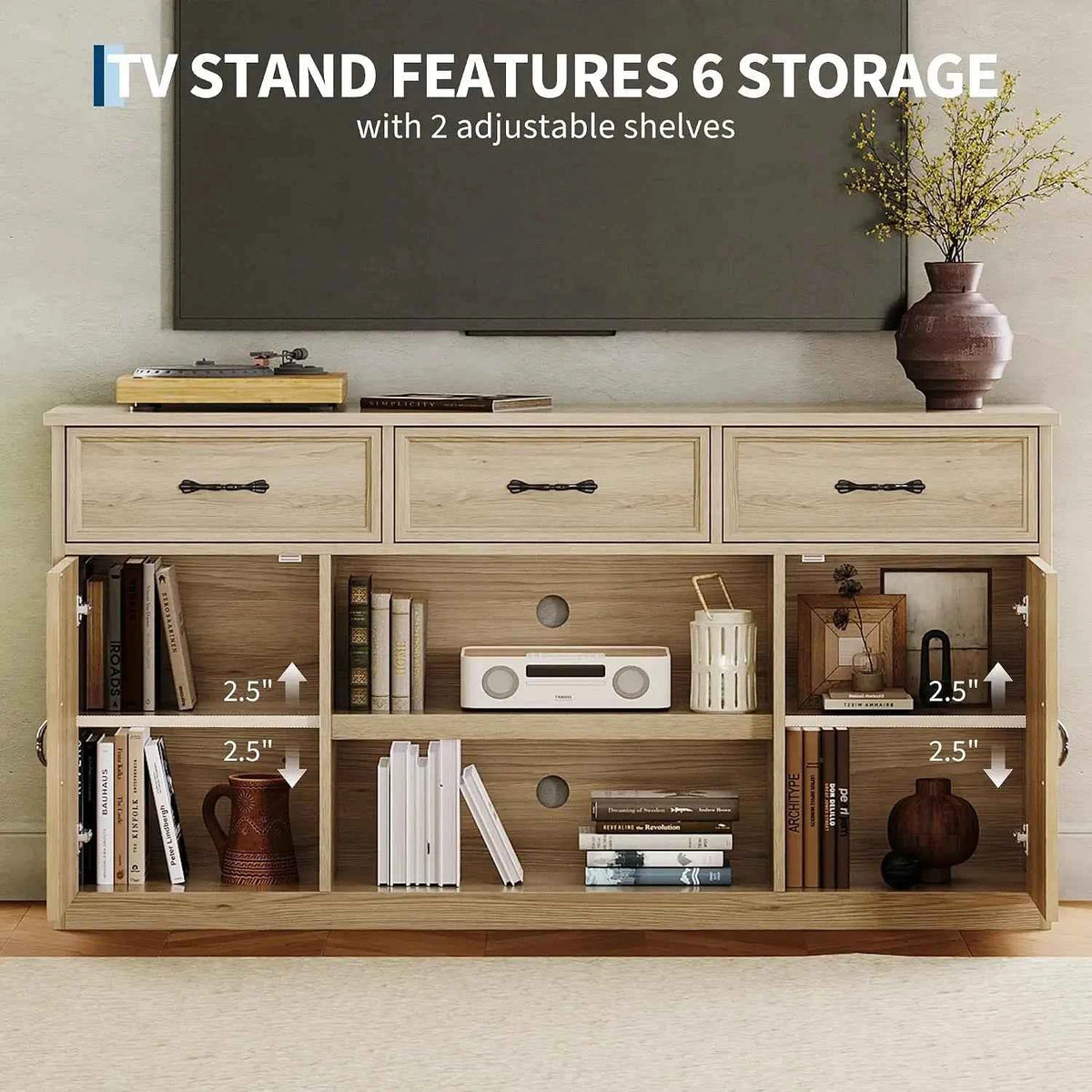 TV Stand For 65 Inch TV.  Farmhouse Television Cabinet With 3 Drawers,  2 Doors with Adjustable Shelves. Storage And Open Shelves. Wooden TV Console Media Cabinet