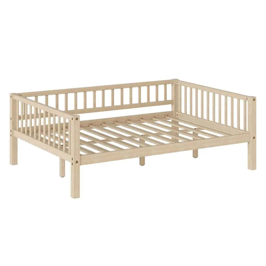 Full Size Daybed Frame with 3-Sided Guardrails, Wood Slat Support Breathable Leisure Bed for Kids Bedroom, Natural