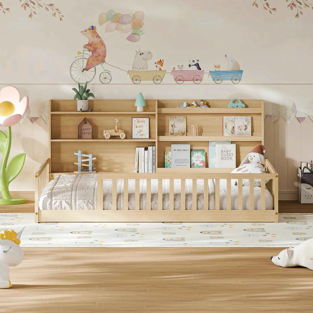 Full Size Floor Bed with Bookshelf & Safety Rails, Solid Pine Wood  Bed Frame, Low-to-Ground  for Kids or Toddler Bed with Wide Entrance, Natural
