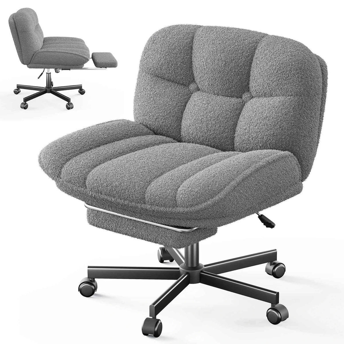 Thick Cushion Leisure Chair, Teddy Plush Cross Chair, Height Adjustable Desk Chair, Rolling Computer Chair with Footrest & Reclining Backrest
