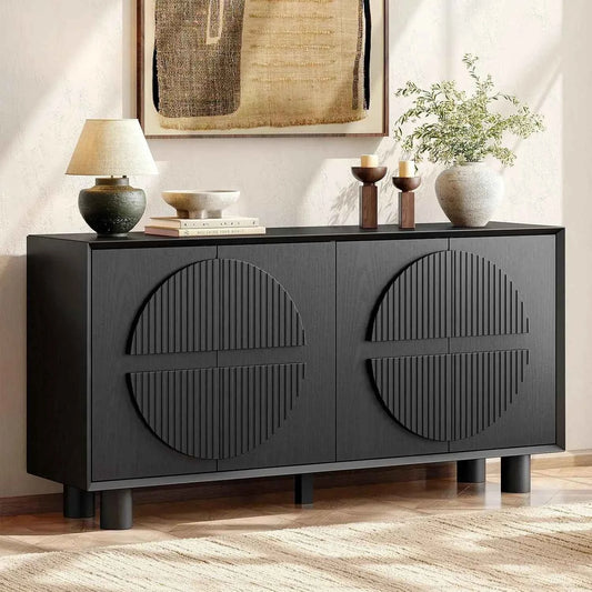 ONBRILL 63 Inch (160cm) Modern Fluted Buffet Cabinet - Storage Sideboard w/Push-Spring Doors, Entryway Dresser, Black