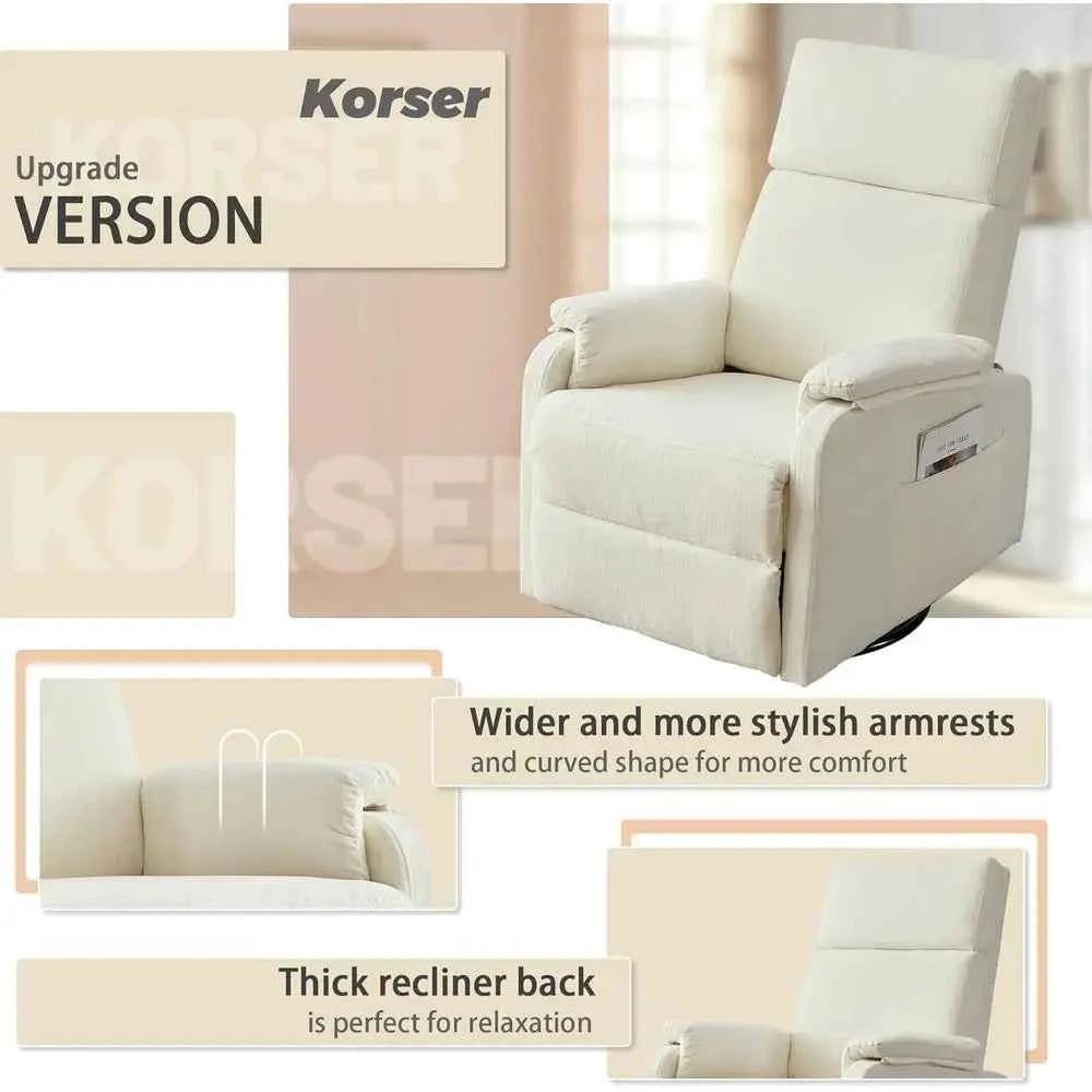 Beige Chenille Swivel Rocking Recliner Chair for Adults and Small Nursery Rooms