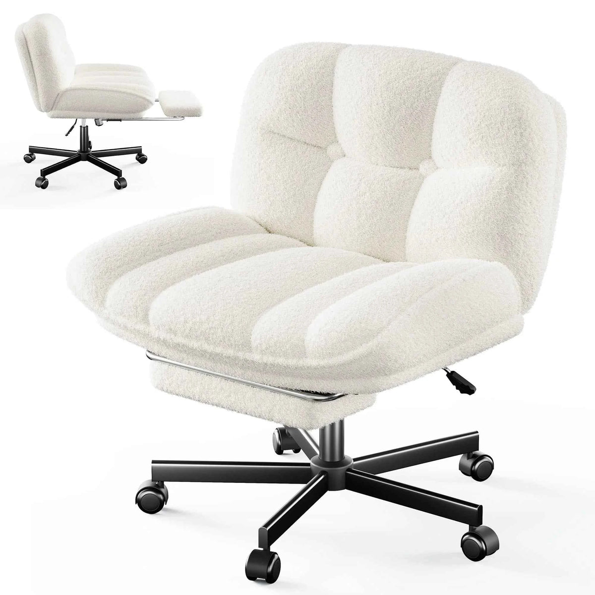 Thick Cushion Leisure Chair, Teddy Plush Cross Chair, Height Adjustable Desk Chair, Rolling Computer Chair with Footrest & Reclining Backrest
