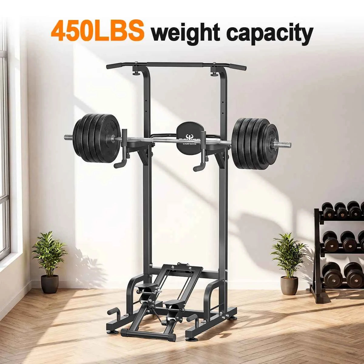 RELIFE Multifunctional Power Tower. Pull Up/ Dip Station. Free Standing Pull Up Bar with Stepper Machine, Adjustable Height Workout Rack. 450LBS Load. Full Body Strength Training Fitness Equipment for Pull Ups Chin Ups Dips L