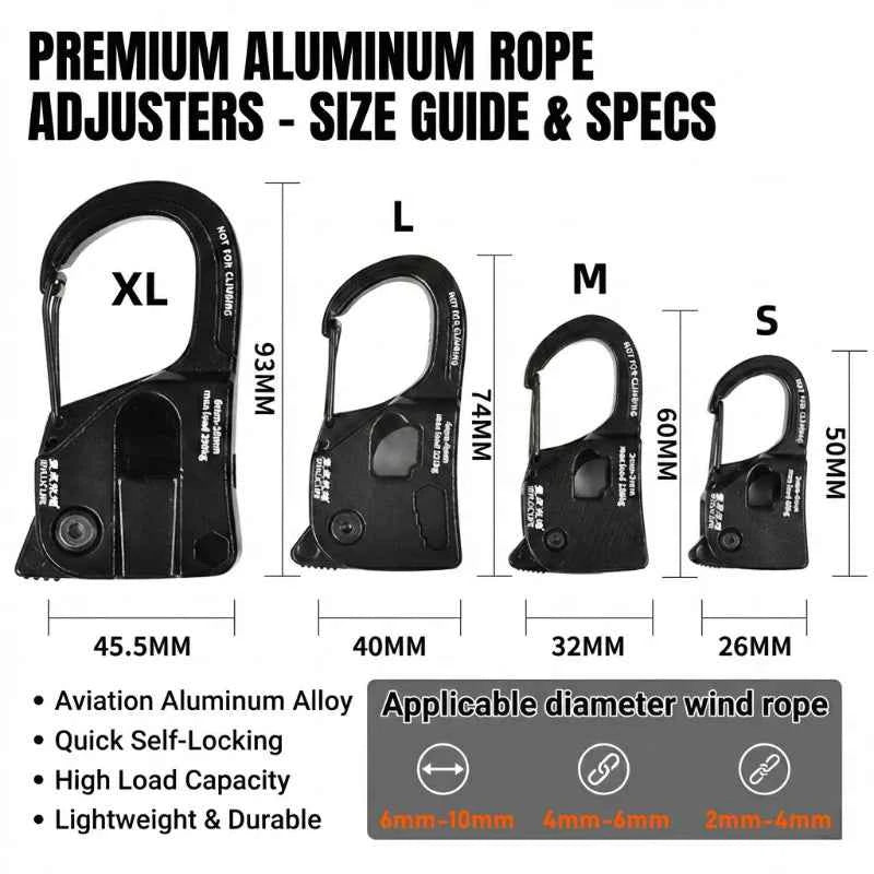 1×Aluminum Alloy Tent Rope Tensioner. Stainless Steel. Self Lock Rope Adjuster 2-10mm. Anti-Slip Tarp Tightener. Outdoor Accessories