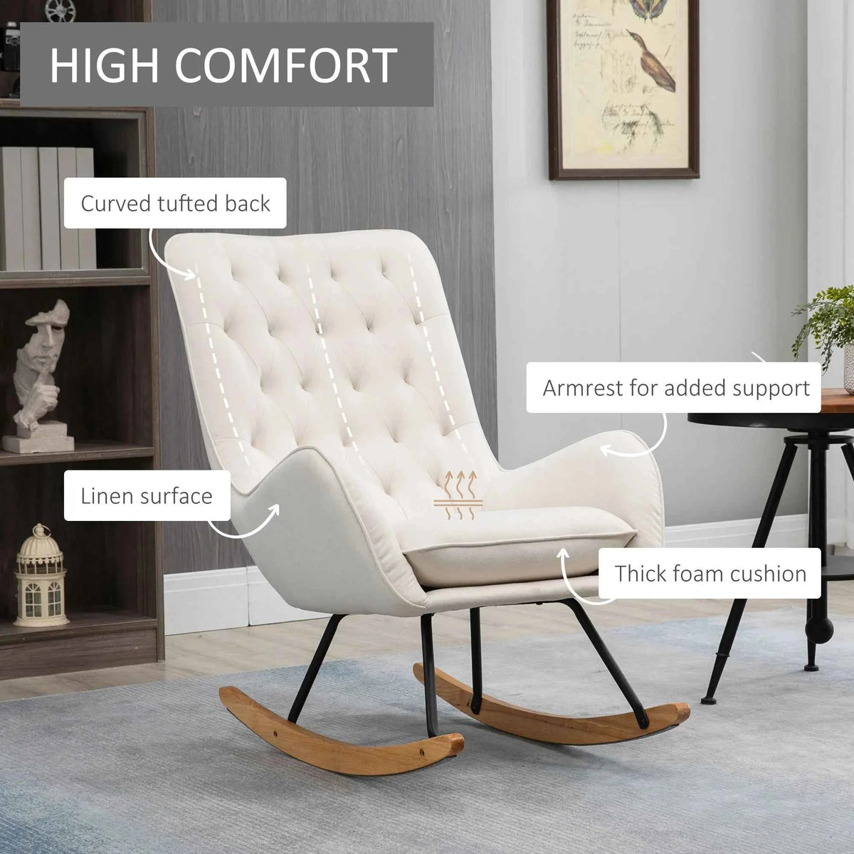 Diamond Padded Tufted High Back Accent Seat with Wooden Rockers and Low Armrest