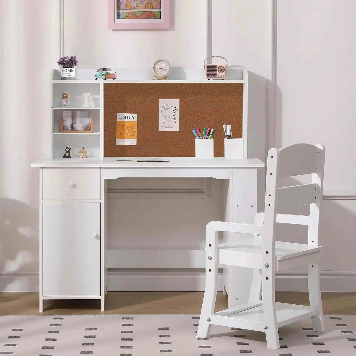 Kids Desk and Chair Set for Boys and Girls.  Wooden Kids Writing Desk with Bookshelf, Bulletin Board, Cabinet and Drawer for Ages 3-8, White
