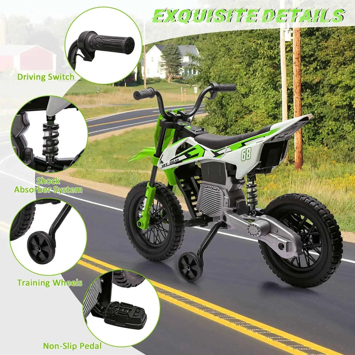 12V Kids Electric Dirt Bike With Training Wheels, Twist Grip Throttle, 3 MPH, Music, 4.5Ah Battery & Charger