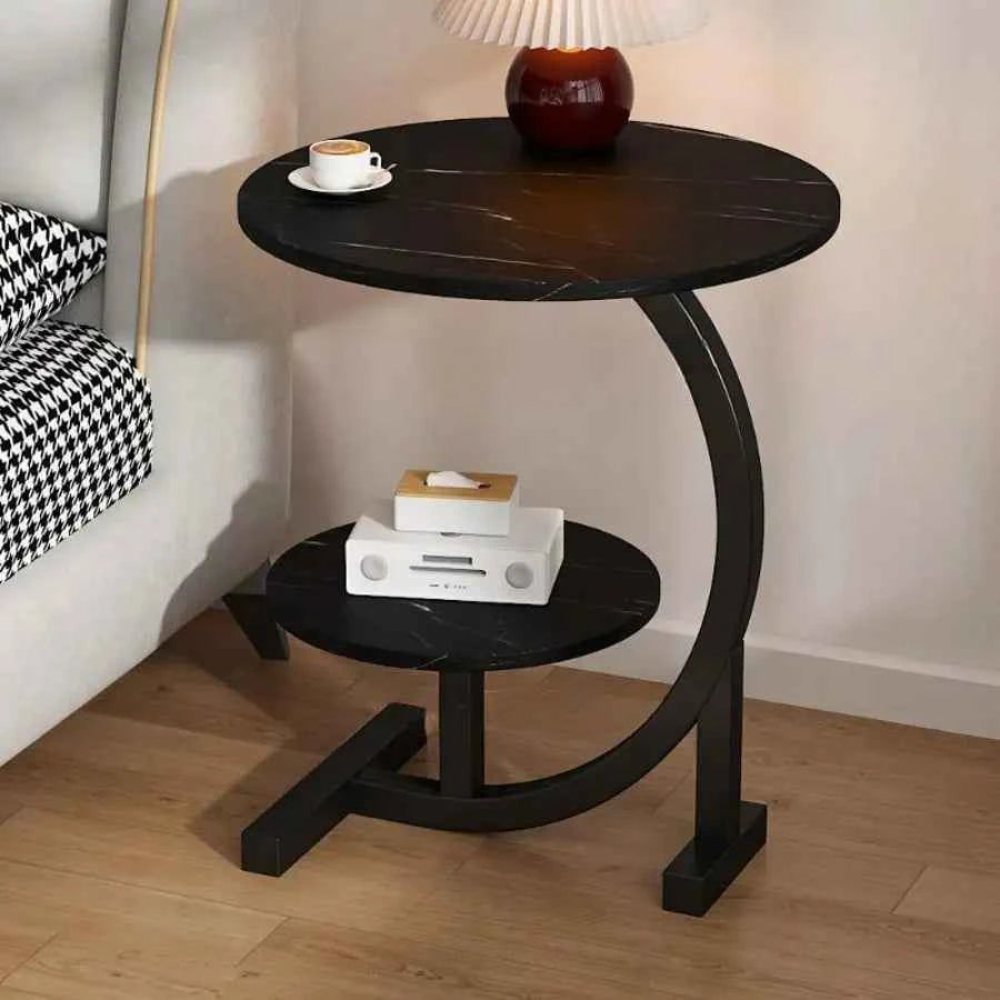 Round C Shaped 2 Tier Side Table with Modern Faux Marble.  Metal Frame. Space Saving and Small