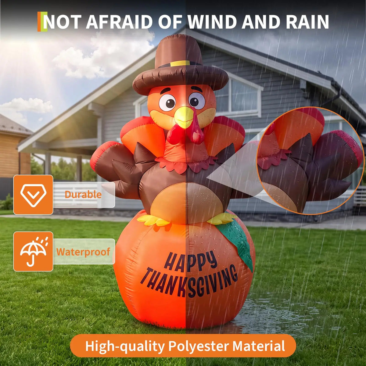 6ft Inflatable Thanksgiving Pumpkin and Turkey, With 7 Led Lights, Blower, Stakes & Ropes For Lawn, Porch, Garden.