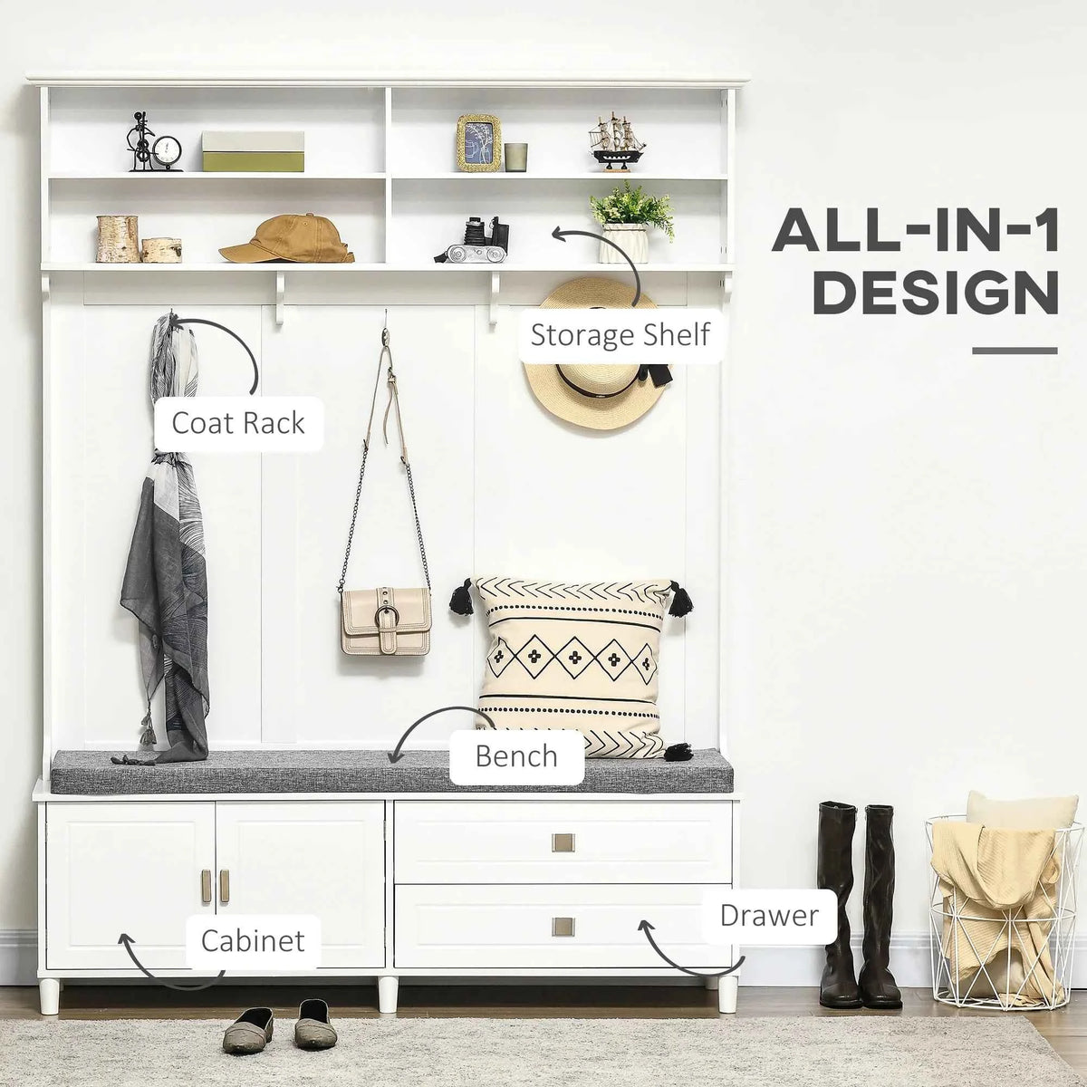 Storage Shelves, and Drawers with Coat Tree for Entryway, Hallway,  Mudroom, White