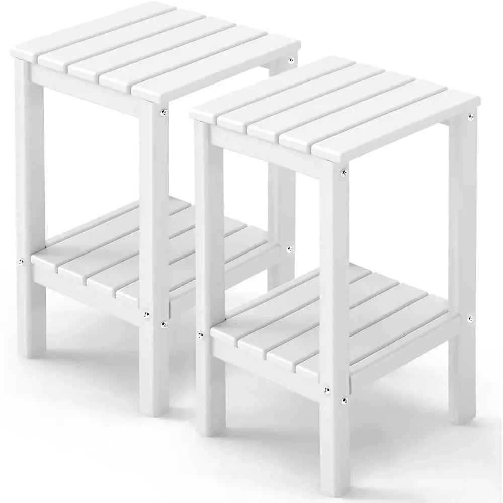 Two-Tier Outdoor Patio Side Tables, 23.5, Weather-Resistant HDPE Plastic, White, Suitable for Garden and Porch
