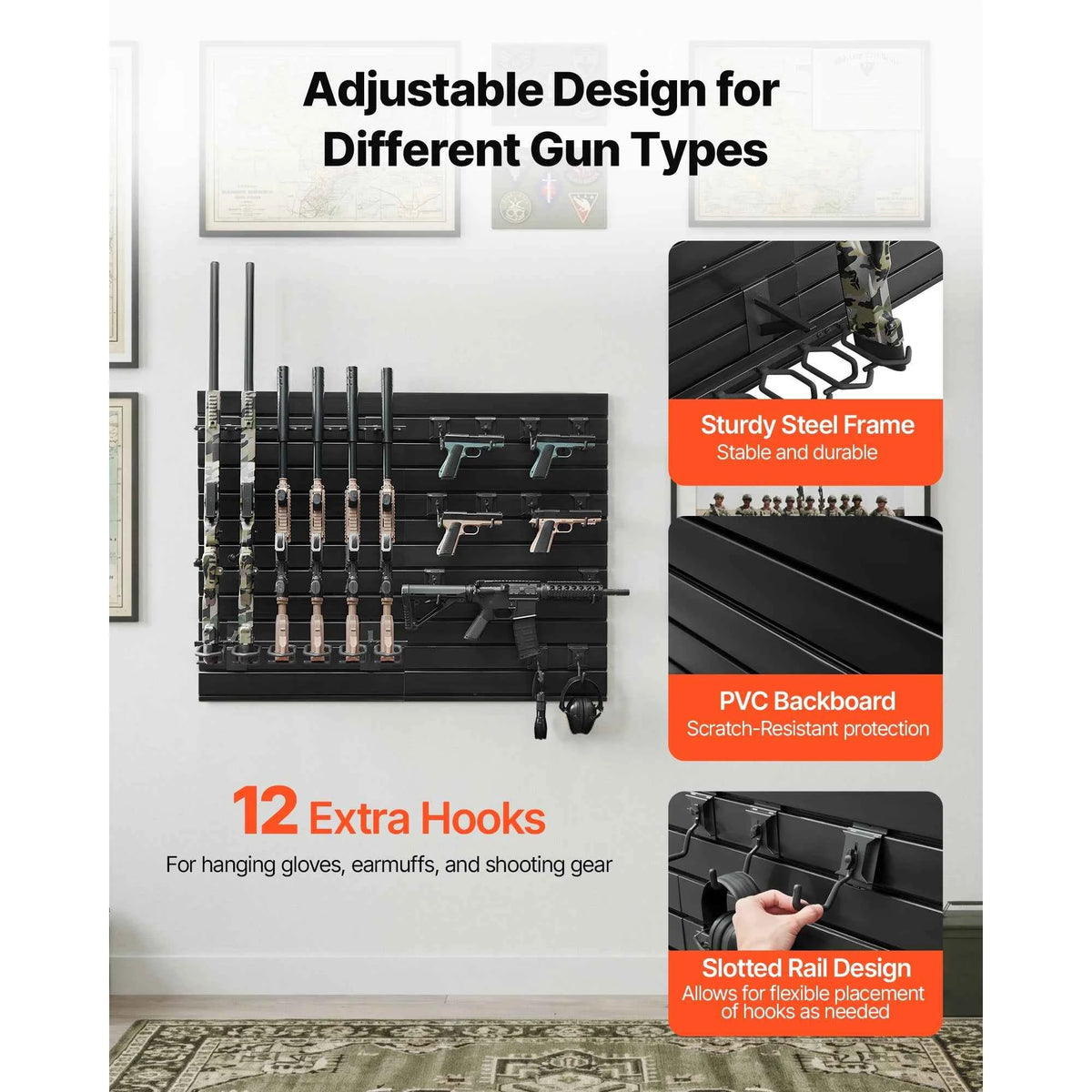 Gun Rack Wall Mount. Steel. Tactical Rifle Carbine. Handgun Storage Rack. Modular Gun Wall Gear Accessories Organizer