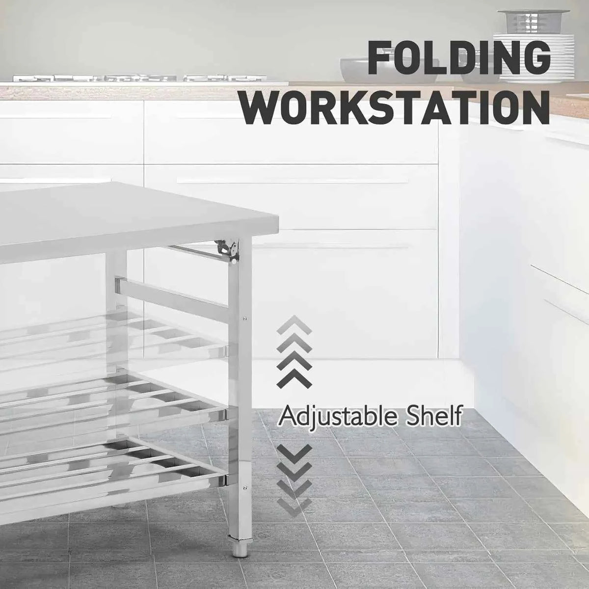 60"×24" Foldable Stainless Steel Prep Table, NSF Heavy-Duty Workbench with Adjustable Undershelf, Kitchen, Outdoor, Commercial Cooking Work Table