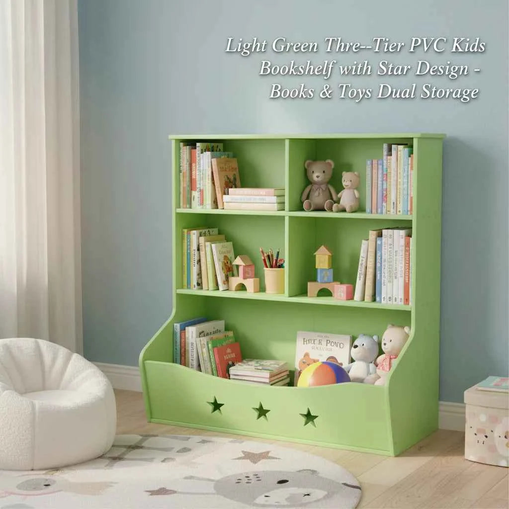 3-Layer Light Green PVC Board Kids Bookcase, Children's Open Shelf Storage for Bedroom or Playroom, Star Pattern 3-Tier Book Display with Bottom Space, Anti-Tip Freestanding Book Shelf for Home, 79x36.5x82.5cm