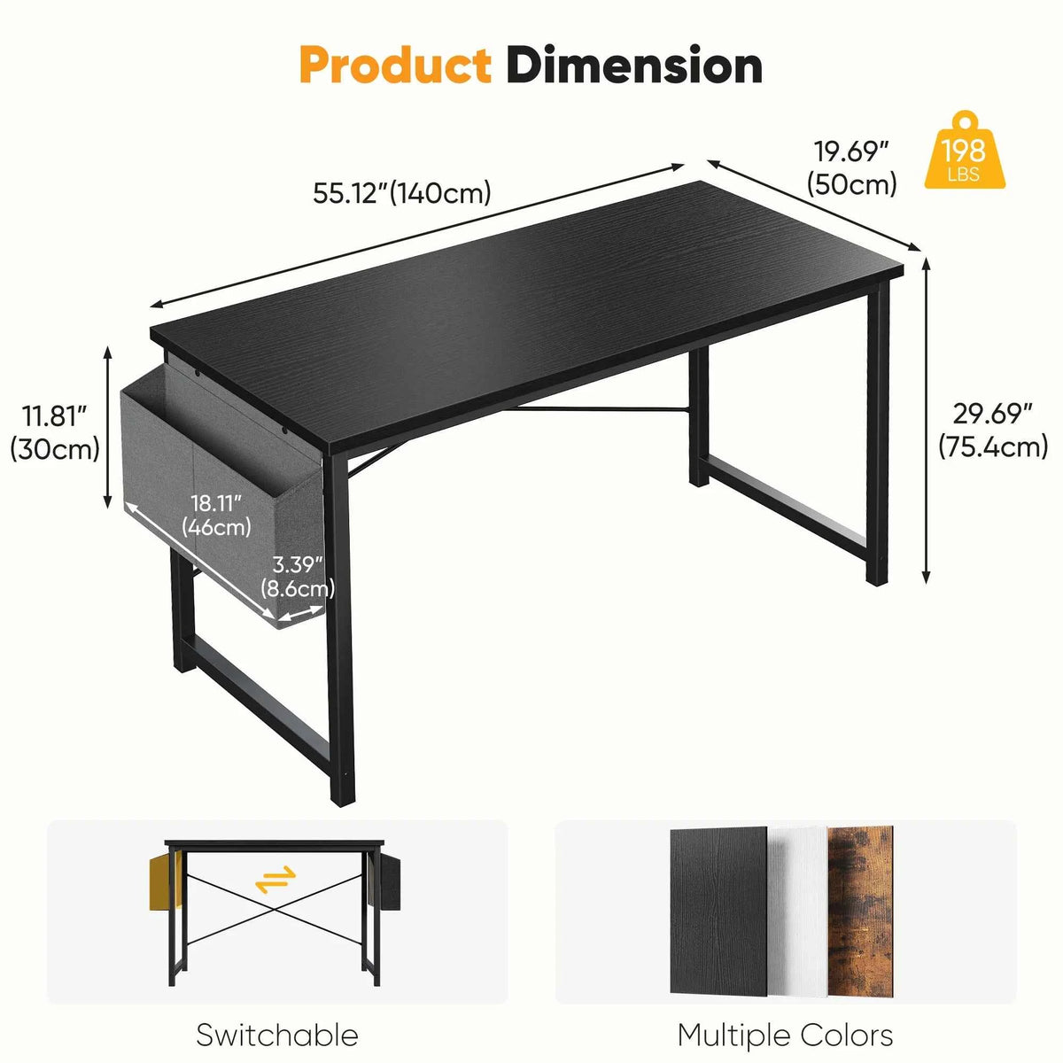JHK 31IN to 55 Office Desk with Storage Bag. Metal Frame, Wood Tabletop, Easy Assembly