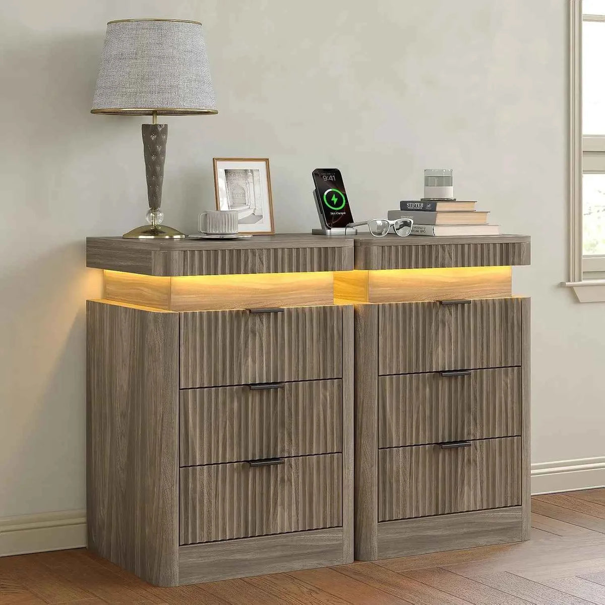 Fluted Nightstand Set of 2,3 Drawers,LED Light & Sliding Top & USB Charging Station,Bedside Table, Custom