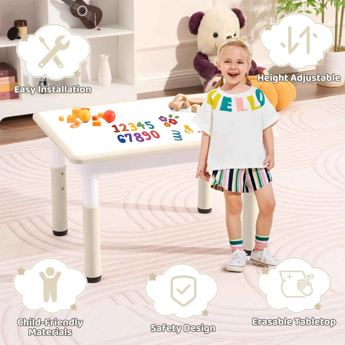 Kids Table 31.5" × 23.6", 7-Level Height Adjustable Toddler Activity Table, Graffiti-Proof Plastic Desk for Ages 3-8, Home & Daycare