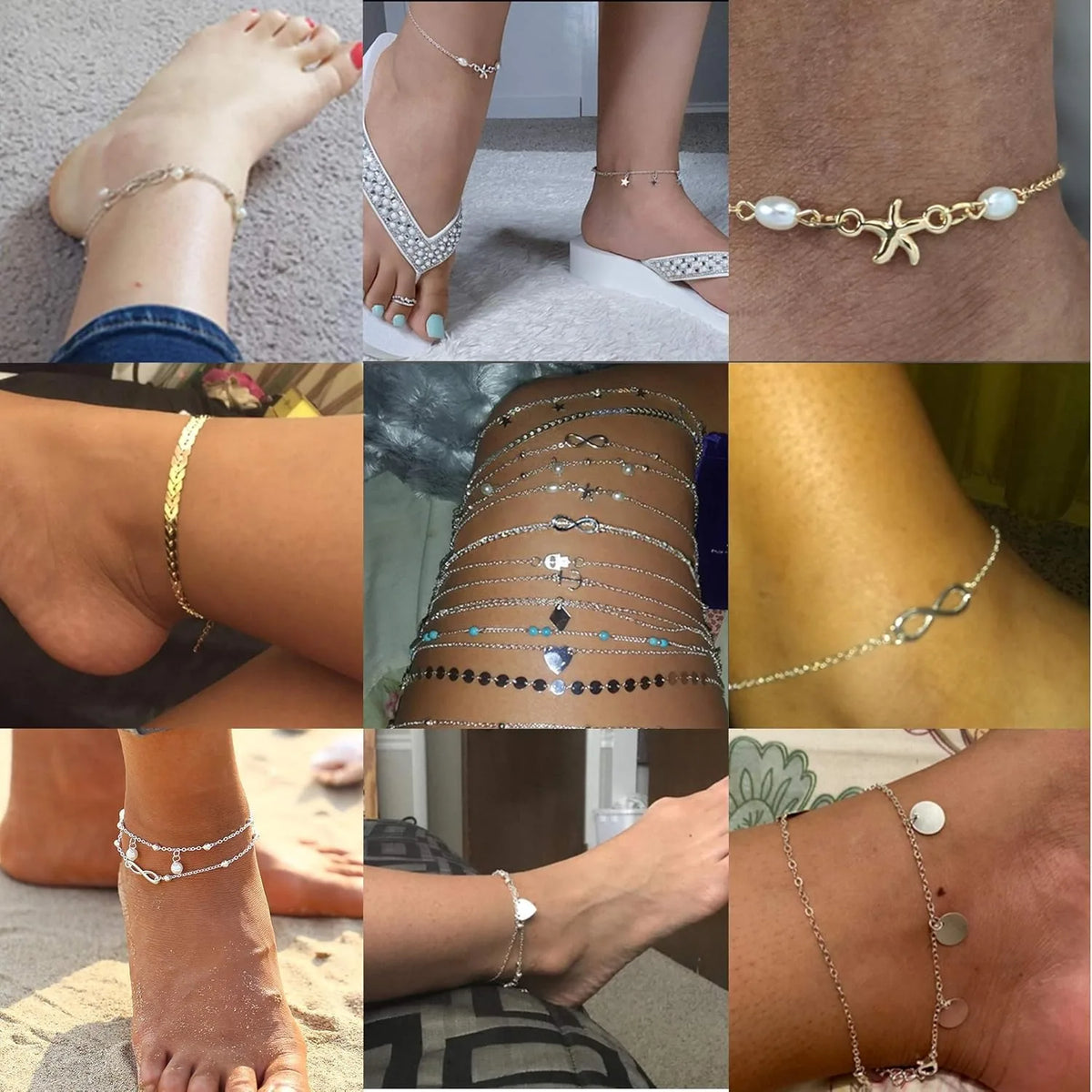 20Pcs Ankle Bracelets for Women, Waterproof Summer Beach Anklets, Boho Cute Charm Anklets, Layered or Stackable Women's Anklet Bracelets Set. Non Tarnish Foot Jewelry