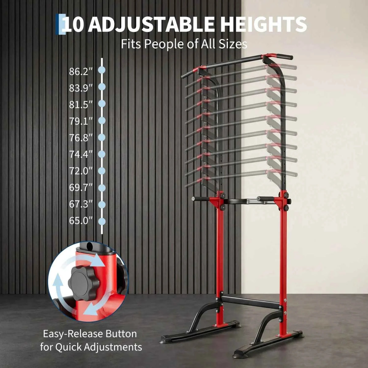 Power Tower Pull Up, Dip Station – 10-Level Adjustable Height, 330LBS Capacity, Heavy Duty Steel Frame, Multi-Function Home Gym Strength Training Equipment for Full Body Workout