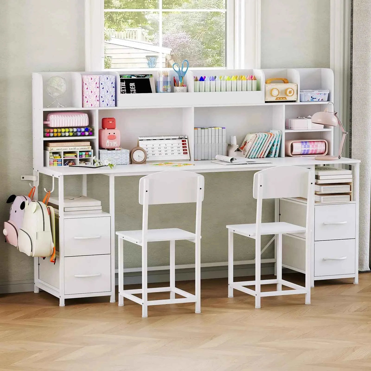 69 inch Double Kids Desk & Chair Set With Hutch, 4 Drawers, Shelves & Hooks, 2-Person Study Table Ages 6-12 Bedroom Playroom