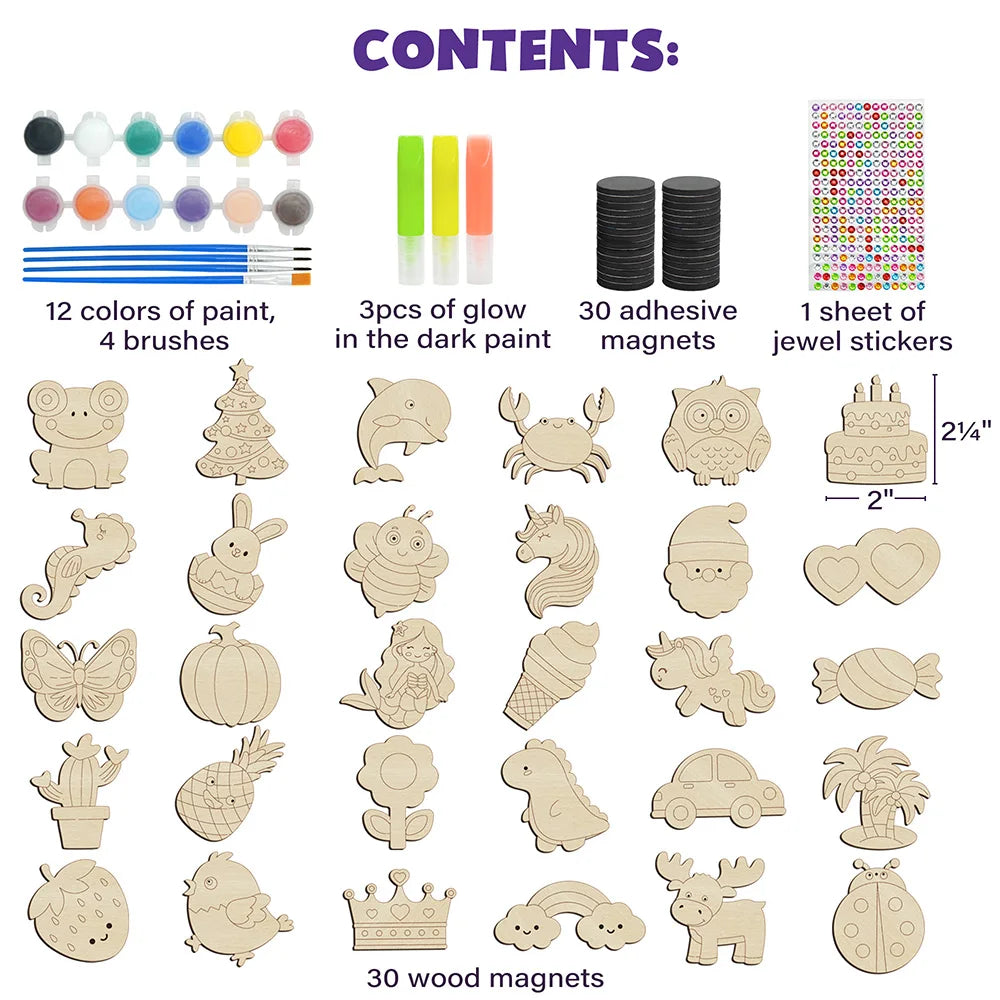 DIY Wooden Magnets. Wood Crafts Kit for Kids. Glow in The Dark, Arts Supplies Painting Kit, Fun Party Favors for Christmas Gifts