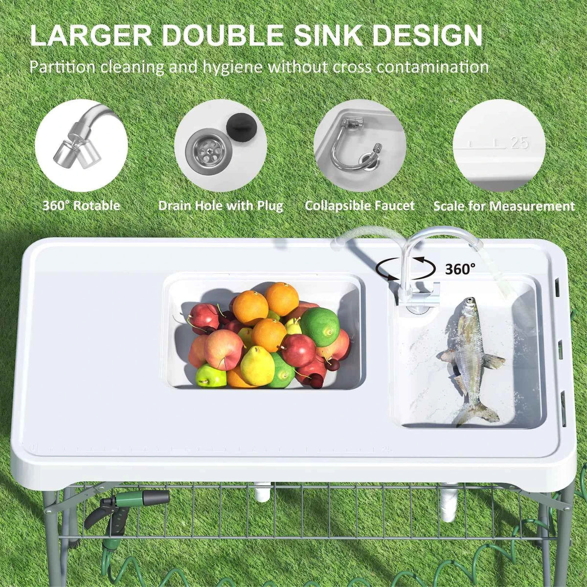 Folding Table with Sink, Portable Outdoor  with Faucet, Sprayer, Grid Rack & Storage Box. For Fishing, Picnic, Beach & Patio