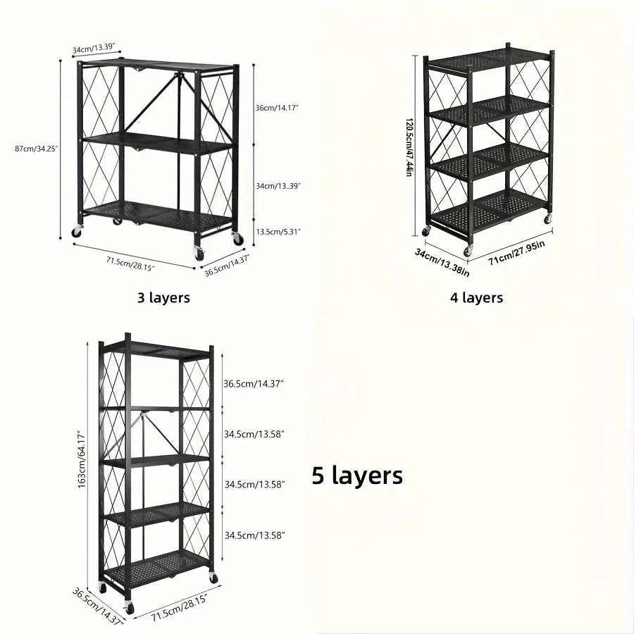 3/4/5-layer Heavy-duty Foldable Metal Storage Rack With Wheels For Movable Organization,