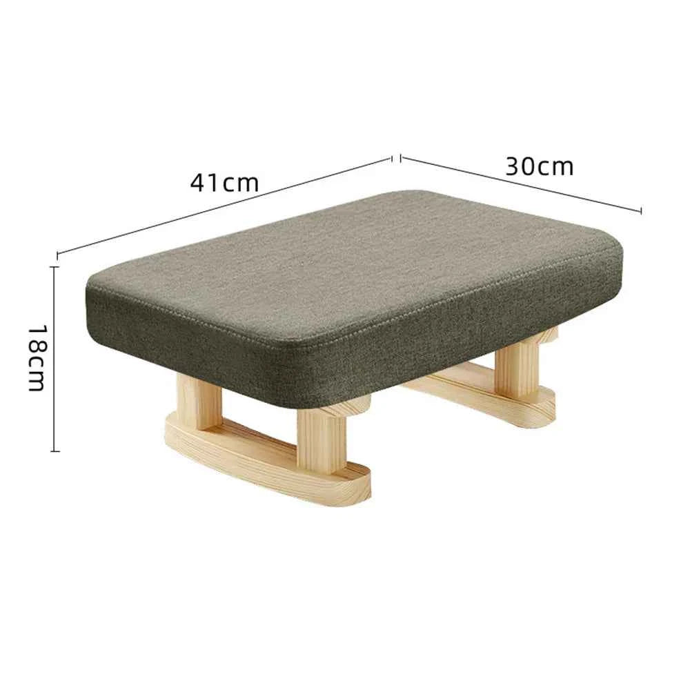 Solid Wood Rocking Footstool with Linen Upholstered Padded Ottoman. Portable.  Small Shoe Changing Bench. Low Foot Rest Stool.