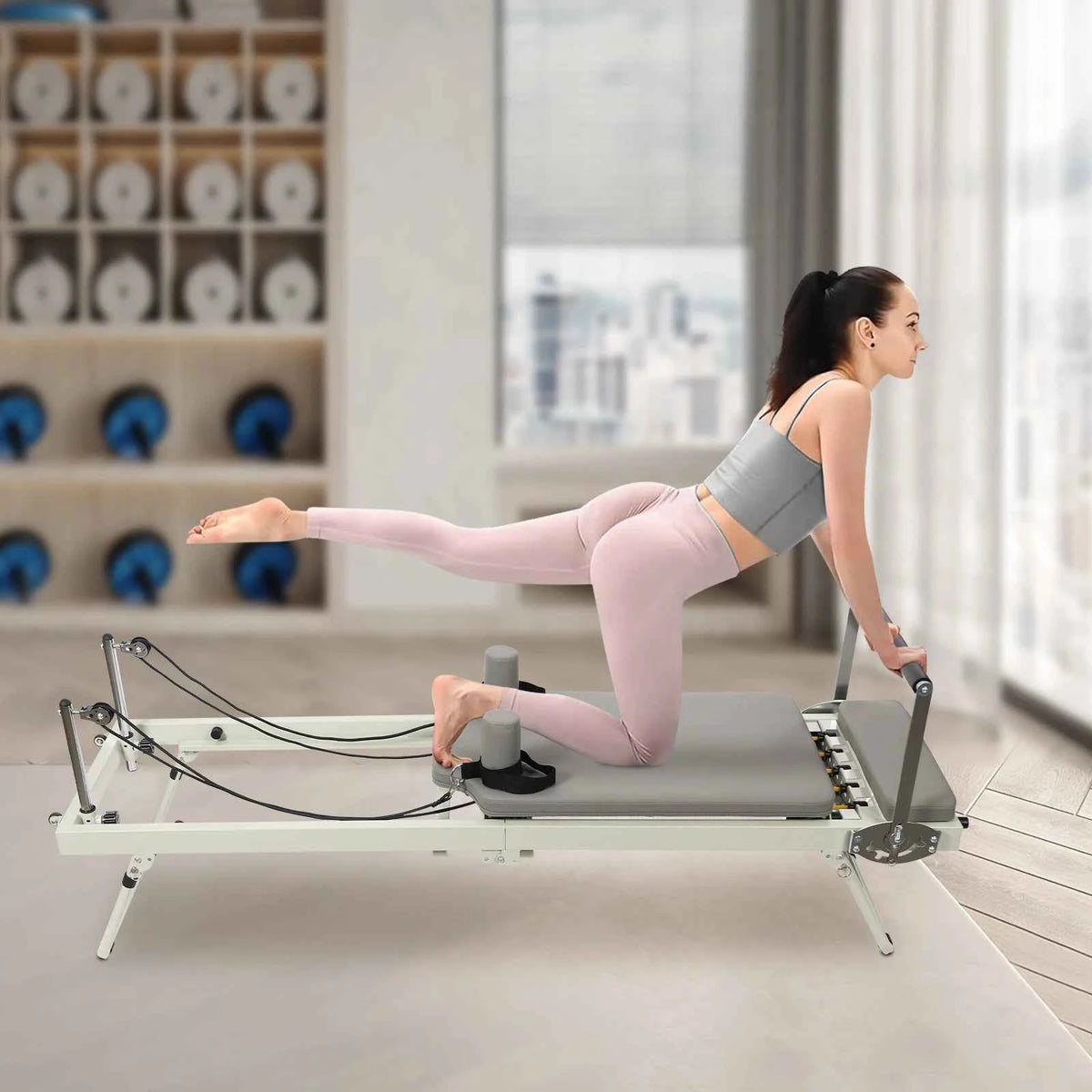 Foldable Pilates Reformer Machine Portable. Multifunctional Yoga Fitness. Grey/Black Use in Homes/Offices/Yoga Studios/Gyms