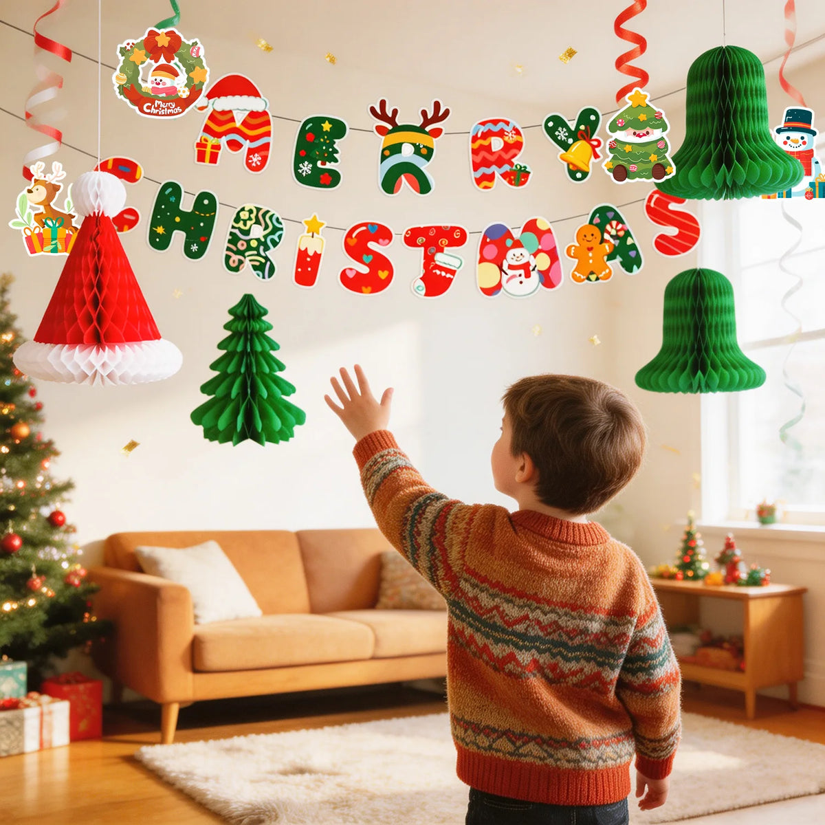 30 Pcs Christmas Party Decorations - Merry Christmas Banner & Christmas Honeycomb Decorations/Christmas Table Centerpieces & Christmas Hanging Swirls for Xmas Party Decorations
