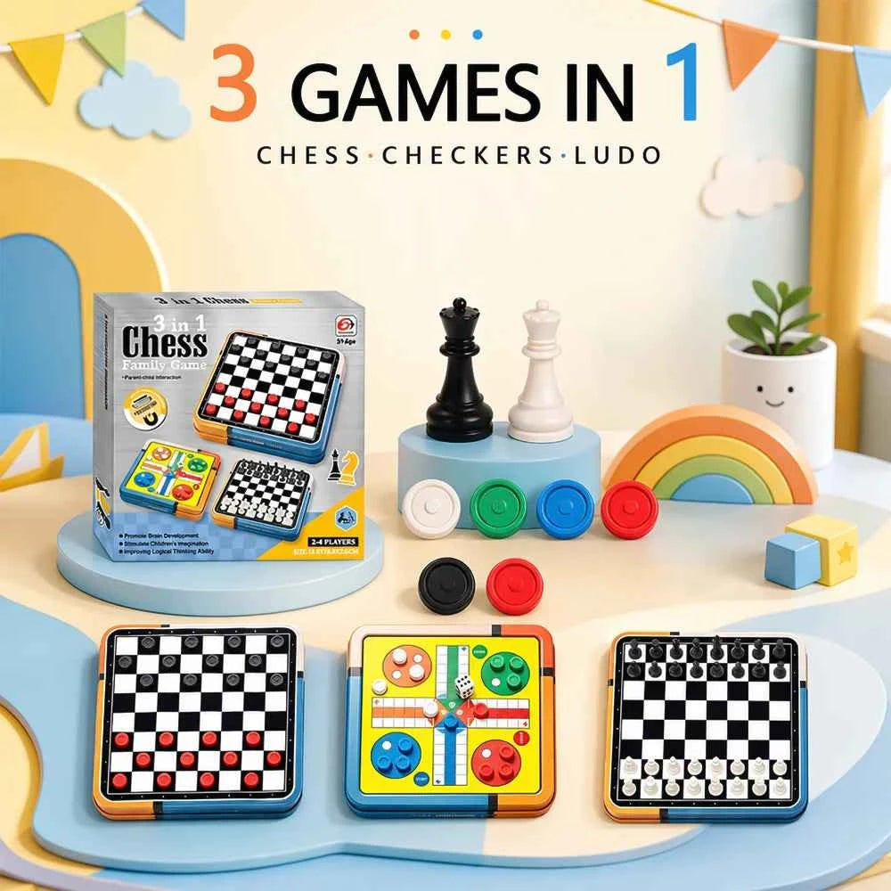 Portable 3‑in‑1 Chess, Checkers, & Ludo Board Game Set. Folding Storage Travel Family Puzzle Game, 2‑4 Players. Educational.