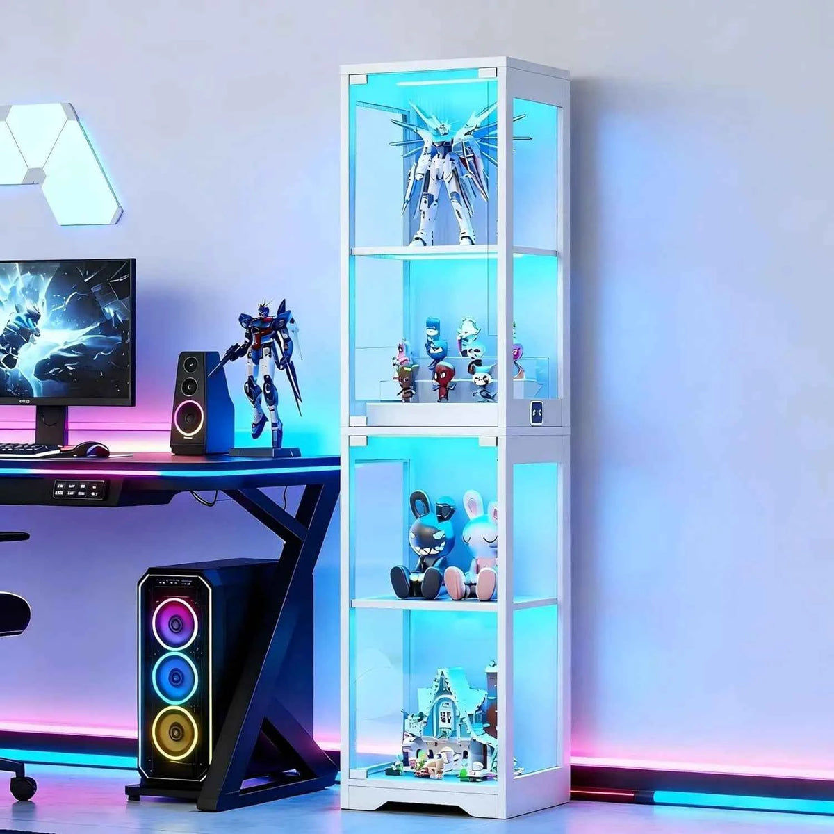 Display Cabinet with Glass Doors, Curio Cabinet with 3 LED Lights and Human Body Sensor, Bookcase with 4 Shelves, Customized