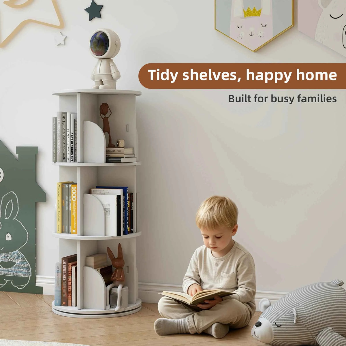 Rotating 3-Tier Bookshelf, 360° Spinning Corner Bookcase with Lazy Susan, White.  Space Saving Organizer. Adults & Kids, 15.75" Diameter