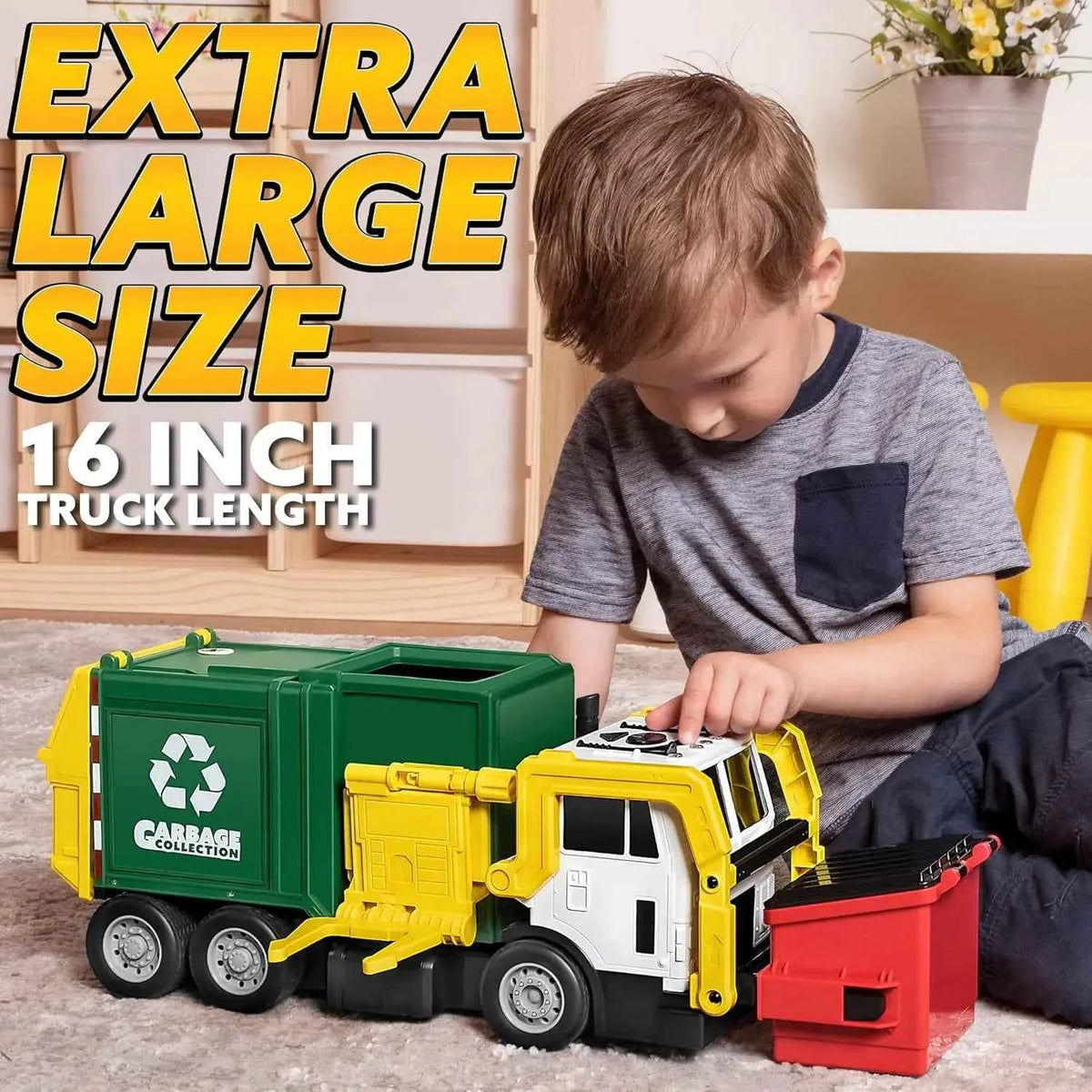 JOYFY Large Friction Powered Garbage Truck Toy Set & Includes Dumpster Trash Bins.