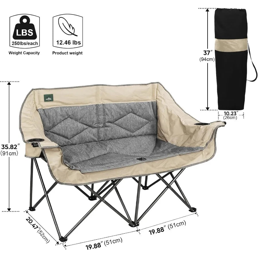 Folding Loveseat Camping Chair. Portable Double Duo Full Padded Garden Chair for 2 Person Sofa with 2 Cup Holders and Wine Glass