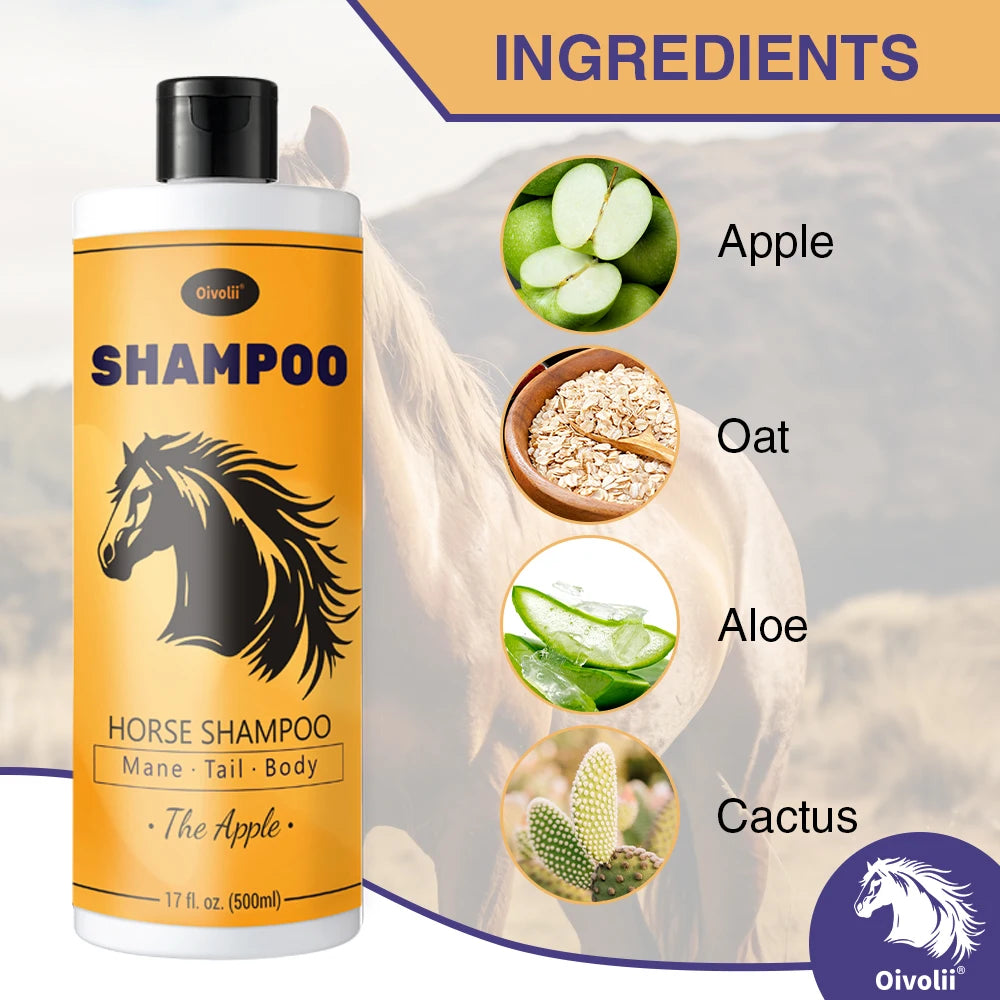 Horse Shampoo & Conditioner, 500ml, Apple Scented, Gentle Moisturizing for Mane & Tail Care. Deep Nourishing for Coat. Full Body Cleaning for Shiny Hair