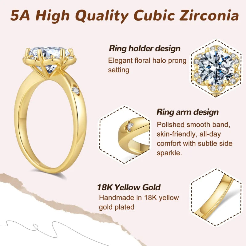 3CT Flower Shaped CZ Engagement Ring for Women, 18K Yellow Gold Plated Floral Solitaire Wedding Promise Band, Luxury Fine Jewelry for Anniversary & Holiday Gifts