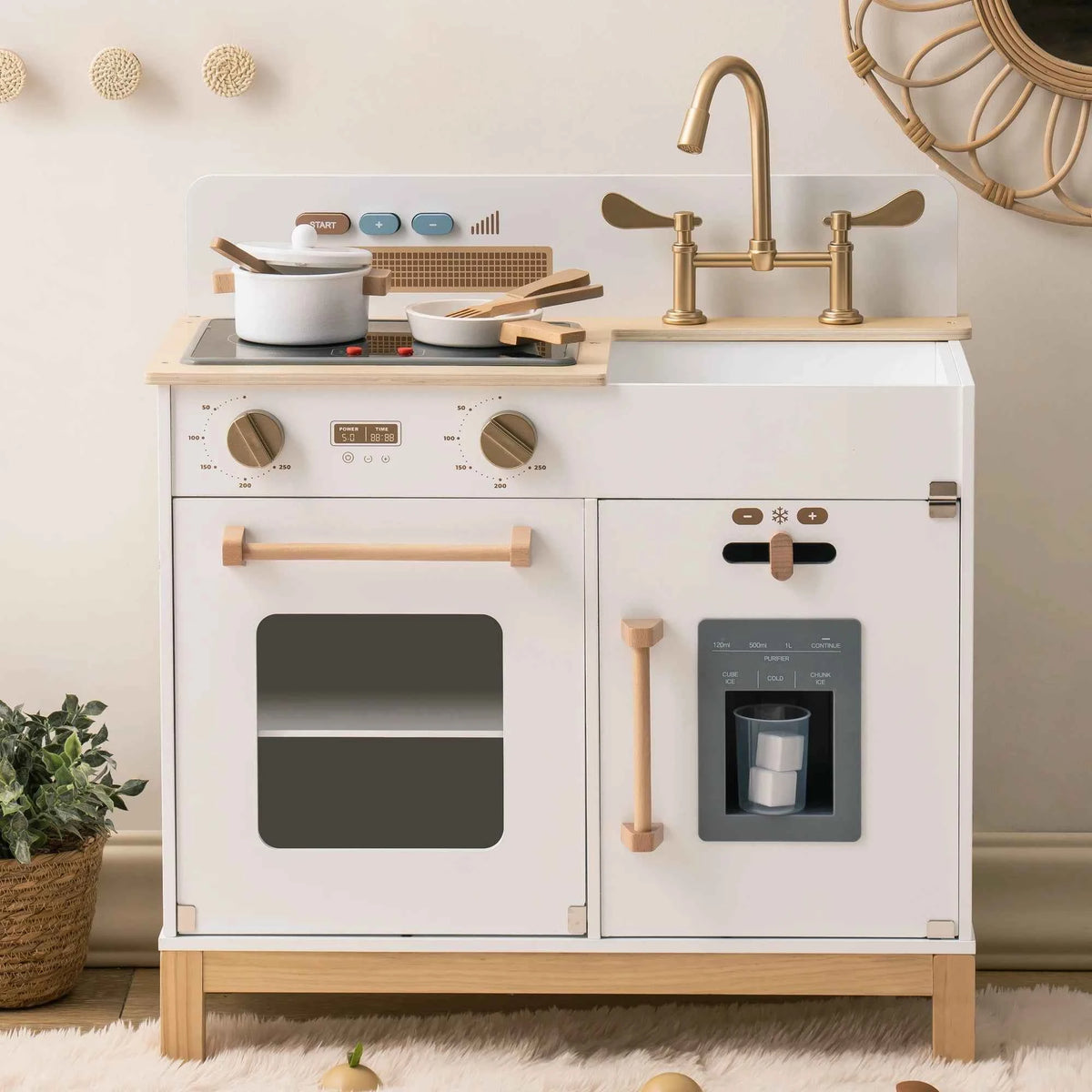 ROBUD Wooden Kids Kitchen Playset with Sound, Light, Stove, Oven Pot, and Utensils. Educational Role Play Toy Gift for 3-6 Years, White