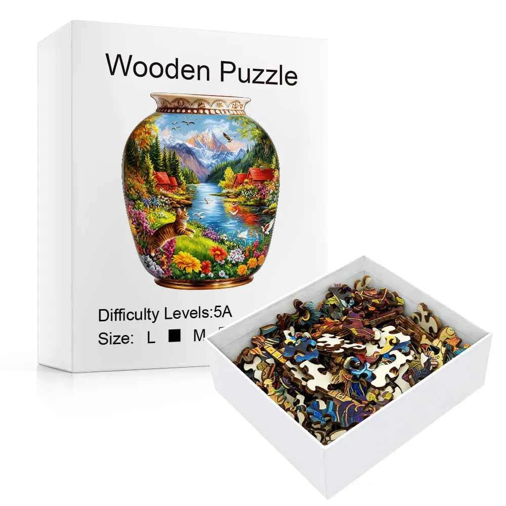 Vase Shaped Mountain Lake, Cat, Floral Wooden Jigsaw Puzzle, Country Cabin Riverside Scenery Irregular Basswood Puzzle,