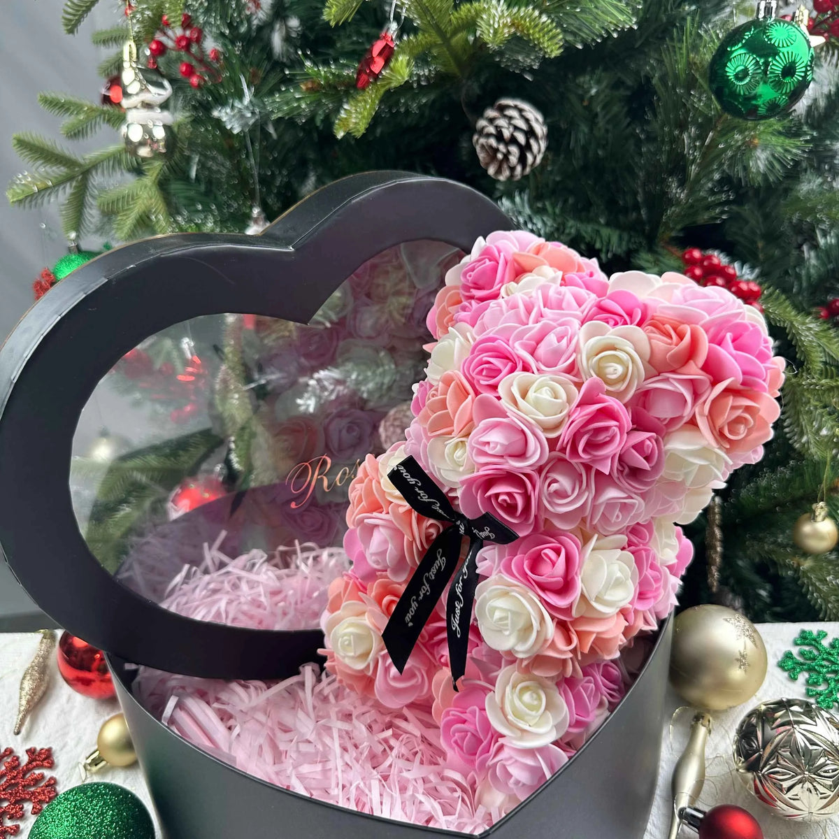 25cm Artificial Teddy Rose Flower Bear with Box. Romantic Valentines Day Gift, Girlfriend,  Anniversary, Wedding Party, Supplies