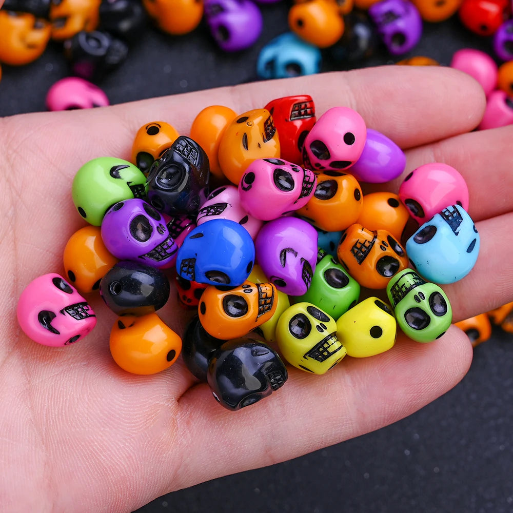 200/300Pcs Mix Coloful Skull Beads, Acrylic Loose Spacer Beads For Jewelry Making. DIY Bracelet, Necklace, Halloween Decorations Accessories 9x12mm