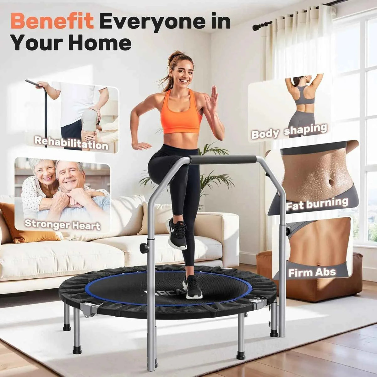 40/48“ Foldable Mini Trampoline with Adjustable Foam Handle. Fitness Rebounder for Adults Max Load 440 Lbs