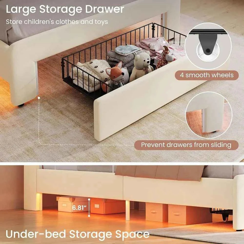 DICTAC Twin Size LED Bed with Storage Drawer and Safety Guardrails, Velvet Upholstered Platform Bed with Chic Wavy Storage headboard