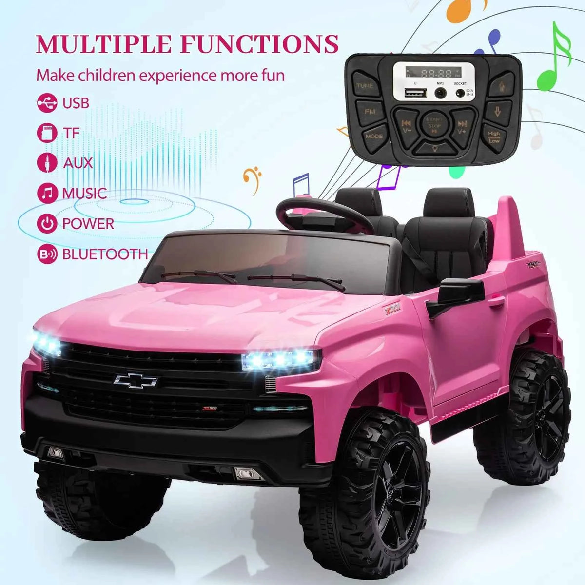 24V 2 Seater Kids Electric Ride On Truck With Parent Remote Control, Dual Motors, Spring Suspension, Music, LED Light