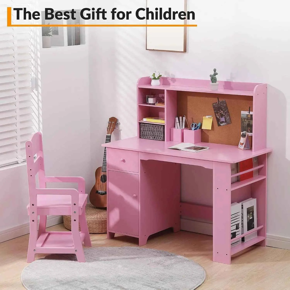 Kids Desk and Chair Set, Wooden Study Table with Bookshelf, Bulletin Board, Storage Shelf, Cabinet & Drawer,  Desk for Ages 3-8, Pink