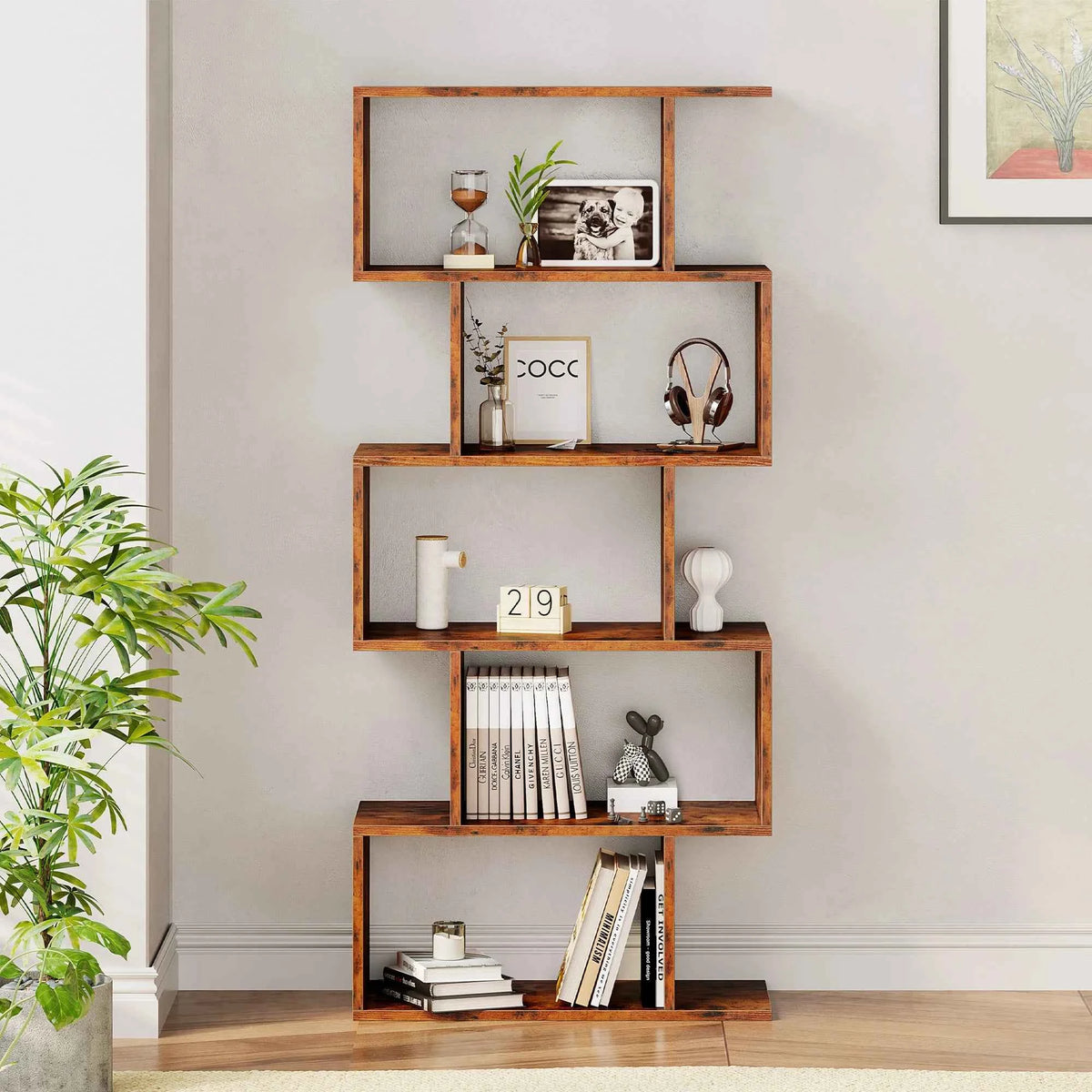 JHK 62 INCH Geometric Bookcase. 5 Tier S-Shaped Wooden Display. Bookshelf, Storage, Standing Shelf. Stable Frame, Graduated Shelves