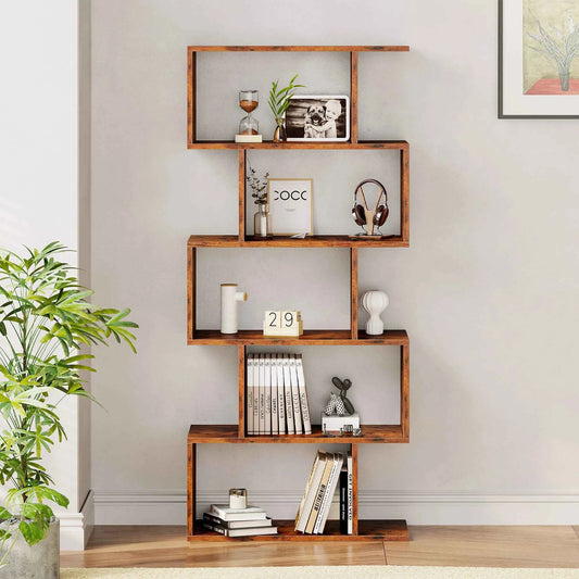 JHK 62 INCH Geometric Bookcase. 5 Tier S-Shaped Wooden Display. Bookshelf, Storage, Standing Shelf. Stable Frame, Graduated Shelves