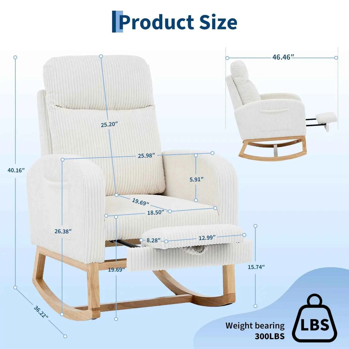 Corduroy Nursery Rocking Chair, Tufted Glider Rocker with Adjustable Footrest & Side Pocket for Bedroom Living Room